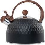 Whistling Stainless Steel Tea Kettle with Wood Grain Anti Heat Handle, Cylindrical Wood Grain Stainless Steel Cover, 2.5L, Black