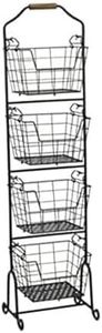 Mikasa Gourmet Basics Ferme 4-Tier Market Basket - Antique Black Wire and Acacia Wood Handle, Kitchen Fruit Vegetable Storage Organizer, 13.5 x 11.5 x 51 Inches