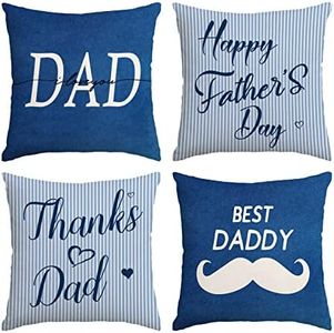 Happy Fathers Day Pillow Covers 16x16 Set of 4 Blue Throw Pillow Covers I Love Dad Cushion Covers Pillow Case Gift for PaPa Grandpa Birthday Home Outdoor Sofa Couch Decoration (16 by 16)
