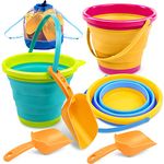 JOYIN 3 Kids Beach Toys Collapsible Bucket and Spade Sets for Toddlers with 3 Shovels, Sand Bucket Party in Summer Foldable Bucket Silicone for Toddles Age 3 4 5 Round(Yellow/Blue/Green)