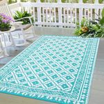 GarveeHome Outdoor Plastic Straw Rug Geometric Waterproof Indoor Blue Outdoor Patio Rug 9x12 Carpet Boho Reversible Mat Washable Large Outside Area Rug for Camping RV Porch Deck Balcony Beach