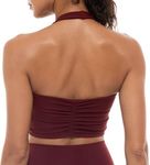 Lavento Women's Halter Sports Bra Pleated Longline Padded Yoga Crop Bras Top (Burgundy, 10)