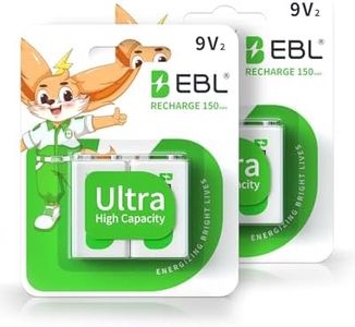 EBL 9V Rechargeable Batteries, 150mAh Ni-MH, 4-Pack - Long-Lasting 9 Volt Batteries for Smoke Detectors, Toys, and Electronics