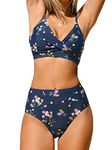 CUPSHE Women's Twist Front High Waisted Bikini Set V Neck Padded Two Pieces Bathing Suits Swimsuits Navy Blue Floral M