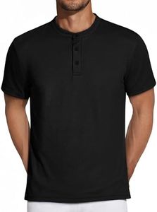 Crastimo Men's Henley Short Sleeve Shirt High Elasticity Regular Fit Moisture Wicking Lightweight Soft Texture Fabric Ribbed Knitted Waffle Black L