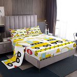 Excavator Bed Sheet Set Construction Vehicles Bedding Set Cartoon Truck Fitted Sheet Yellow Car Flat Sheet for Kids Boys Girls Microfiber Twin