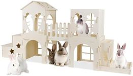Teabelle Wooden Rabbit Hideout House, Large Bunny Castle Cage with Feeder, Multi-Chamber Small Animal Playhouse for Rabbit Guinea Pig Hedgehog Chinchilla