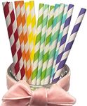 Biodegradable Rainbow Colorful Paper Straws with 7 Assorted Striped Colors 100 Pack, Smoothie Multicolor Drinking Straws for Cake Pops in Birthday, Anniversary, Wedding, Holiday Celebrations