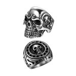 2Pcs Bikers Stainless Steel Gothic Skulls Ring,Black Silver, Size 10