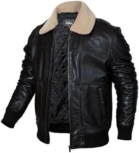 STREGA Men's Black Leather Bomber Aviator Jacket – Top Grain New Zealand Lambskin Leather with Removable Sherpa Collar & Diamond Quilted Lining – Large