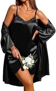 Ekouaer Women's Robes Satin Kimono for Bridesmaids Silk Loungewear Lace Sexy Nightwear Set Wedding Dressing Gown Black M