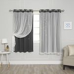 Best Home Fashion Tulle Overlay Star Cut Out Blackout Curtains - Stainless Steel Grommet Top - Dark Grey - 52" W x 63" L (Set of 2 Panels)