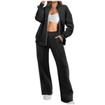 Tracksuit Womens Full Set 2 Piece Outfits 2024 Fall Winter Zip Up Sweatshirt Jacket and Wide Straight Leg Pants with Pockets Lounge Wear Sets Ladies Tracksuit Sets Leisure Suits Gym Activewear Black