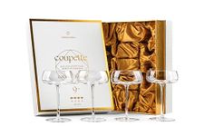 Crystal Cocktail and Champagne Coupette Glasses | Set of 4 | 9 oz Elegant Long Stemmed Coupe Glassware for Espresso Martini, Daiquiri, Cosmopolitan, Gimlet | Fancy Round Saucers