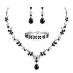 EVER FAITH Bridal Jewelry Sets for Wedding, Teardrop Cubic Zirconia Flower Women Necklace Dangle Earrings Bracelet Set for Brides Bridesmaids Black Silver-Tone