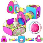 5pc Kids Play Tent for Toddler with 1 Baby Ball Pits, 2 Baby Crawl Tunnels, 2 Pop Up Tents, Indoor Outdoor Playhouse Toys for Boys/Girls, Gift Target Game (Pink)