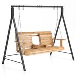 Tangkula Porch Swing with Stand, Wood Hanging Patio Swing with 2 Cupholder & Heavy-Duty A-Shaped Metal Frame, 2-Person Outdoor Swing for Backyard, Porch, Garden, Outside