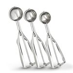 Jojeys Ice Cream Scoop - Pack of 3 with Easy Trigger, 304 Stainless Steel Cookie Scooper for Portioning of Muffins, Mashed Potatoes and Melon Balls (4, 5 & 6cm)