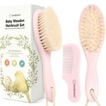 Baby Hair Brush and Comb Set for Newborn - Wooden Baby Hair Brush Set with Soft Goat Bristle, Baby Brush Set for Newborns, Baby Brush and Comb Set Girl, Boy, Toddler Cradle Cap Brush (Oval, Blush)