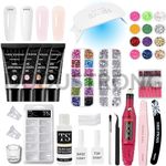 THR3E STROKES Poly Nail Gel Kit, 15ml*4pcs Nail Extension Gel, Builder Color Nail Gel with Top and Base Coat Slip Solution, UV+LED Nail Lamp&Drill DIY at Home Salon for Beginner and Professional(PM01)