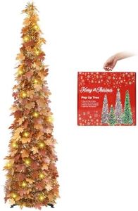 MACTING Fall Tree with 100 LED Lights 5FT Collapsible Autumn Maple Leaf Pop Up Tinsel Tree Battery Operated with Timer Easy-Assembly for Porch Home Apartment Holiday Thanksgiving Xmas Decor(Brown)