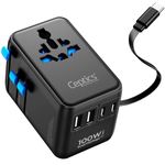 Ceptics 7 in 1 Universal Travel Adapter with 100W Retractable USB-C Cable, Universal and Japan Socket Input, 2 Type A & C Ports, for Laptop/MacBook – Global Compatibility, 5-Year Warranty, Black