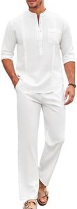 COOFANDY Men's 2 Piece Cotton Sets Casual Long Sleeve Cuban Henley Shirt and Loose Pants Set Beach Vacation Outfits, All White, Large