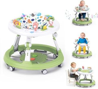 Baby Walker Foldable, 4-in-1 Toddler Infant Walkers with Wheels, 360-degree Rotatable Play Tray, for Boys and Girls 6-18 Months- Activity Center, 3-Gear Height Adjustable, Music and Lights(Green)