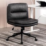 Armless Office Desk Chair with Wheels Vanity Chair Wide Seat Computer Task Chair for Home Office Leather Padded Mid Back Accent Chair (Gray,Leather)