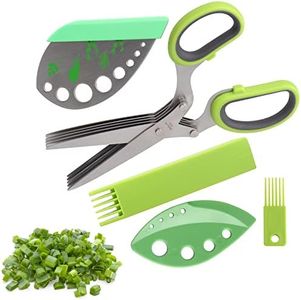 LUVCOSY - Juego de 3 tijeras aromáticas para hierbas (tijeras de 5 hojas, con pelador, 2 herramientas de corte de hierbas aromáticas con tapa, gadgets de cocina frescos para cortar hierbas aromáticas