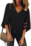 LookbookStore Women's Work Blouses Bell Sleeve Blouse for Women 2024 Black Blouse Tops for Women Casual Dressy Work Tops 3/4 Sleeve Blouse Business Casual Tops for Women Size Medium Size 8 10