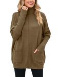 Famulily Women Pullover Sweaters Turtleneck Long Batwing Sleeve Loose Solid Color Casual Baggy Cozy Winter Knitwear with Pockets Brown L