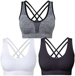 SEGRILA Sujetadores Deportivos para Mujer, 3 Unidades, Espalda entrecruzada, Sostenes de Yoga, Soporte Medio, con Almohadillas extraíbles, Negro y Blanco y Gris., X-Large