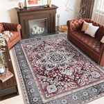 6x9 Low Pile Vintage Area Rug Big Machine Washable Rug Indoor Oriental Medallion Non Slip Rug Floor Carpet for Living Room Office Home Decor Office(Red,6x9ft)