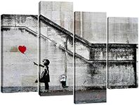 Pyradecor Banksy Grafitti Girl with Red Balloon Large 4 Panels Modern Stretched and Framed Giclee Canvas Prints Artwork Grey Love Pictures Paintings on Canvas Wall Art for Office Home Decorations L