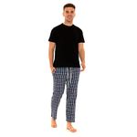 Style It Up Mens Woven Pyjamas Cotton PJ Set Short Sleeve Crew Lounge Top Soft Check Pants (Black, Blue, Large)