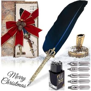 Vintage Feather Quill Pen and Ink Set - Blue Feather Pen and Ink Set, Writing and Drawing Tools with Stainless Steel Nib - Elegant Vintage Style Calligraphy Kit for Creative Hand Lettering