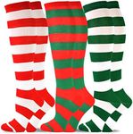 TeeHee Christmas and Holiday Fun Knee High Socks for Women 3-Pack (Rugby Stripe Candy Cane)