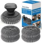5-Pack Steel Wool Scrubber, Stainless Steel Scrubber Wire Sponge Pads with Handle, Pan Cleaning Scrubber for Scouring Stubborn Messes from Cast Iron, Frying Pan, Oven, Grill, Heavy Duty Pot Scrub