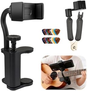 Guitar Phone Holder Kit with 3-in-1 String Winder Cutter Pin Puller & 20 PCS 0.71mm Picks - Adjustable Mount for Guitar/Ukelele/Bass, Perfect for Sheet Music, Teaching, Recording & Performance