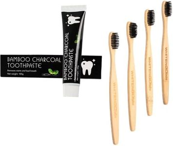 Whitengolabs Activated Bamboo Charcoal Teeth Whitening Toothpaste Stain Removal, Fresh Breath + 4 Eco Bamboo Toothbrush with Activated Charcoal Biodegradable Soft bristles