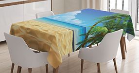 Ambesonne Ocean Tablecloth, Palm Tree Leaves in The Tropical Sand Beach Sea Landscape Graphic Print, Dining Room Kitchen Rectangular Table Cover, 52" X 70", Cream Green