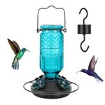 FEED GARDEN Glass Hummingbird Feeder for Outdoors Hanging, 16 OZ Humming Birds Feeders with 4 Bee Guard Feeding Ports & Built-in Ant Moat, Bird Feeder for Outside, Blue