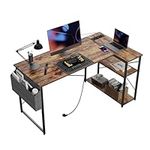 BEXEVUE Small L Shaped Desk with Power Outlets - 120x70 cm Corner Computer Desk Writing Table, Reversible Large Storage Shelves, Bookshelf Workstation for Study Play Work Bedroom Home Office Brown