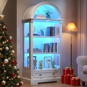 Lighted Display Cabinet with Glass Doors, 72" Tall Curio Cabinet - 4 Tier Display Case with Human Sensor Lights, Bookcase for Collectibles Toys Books, White