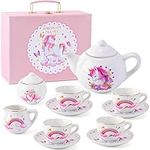 Kids Porcelain Tea Set Unicorn Gift for Girls 3 4 5 6 7 Years, Unicorn Ceramic Tea Set with Teapot, Tea Cups, Sugar Bowl, Creamer Pitcher, Carrying Case Princess Tea Time Pretend Play Toys Girls