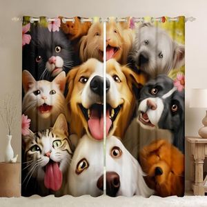 Kids Cartoon Animal Toddler Blackout Curtains Kawaii Dog Cat Curtains for Boys Girls Bedroom Decoration, Cute Kitten Pug Curtains & Drapes Pink Cherry Blossoms Black Out Curtains Pet Decor