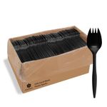 JSQBSECL [1000 Pack] Disposable Plastic Sporks-Party Dimensions Bulk Black Disposable Silverware Plastic Cutlery Spork (Sporks)