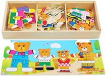 TOWO Wooden Bear Family Dress up Puzzle Box - Sorting and Matching Jigsaw Puzzle - Wooden Sorting Toys for 3 Year Old - Wooden Puzzles for 3 Years Old Girls