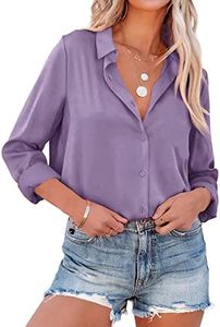 NONSAR Elegante blusa de satén y mangas largas para mujer, camisa con cuello en V, blusa de oficina de estilo casual, Violett, L
